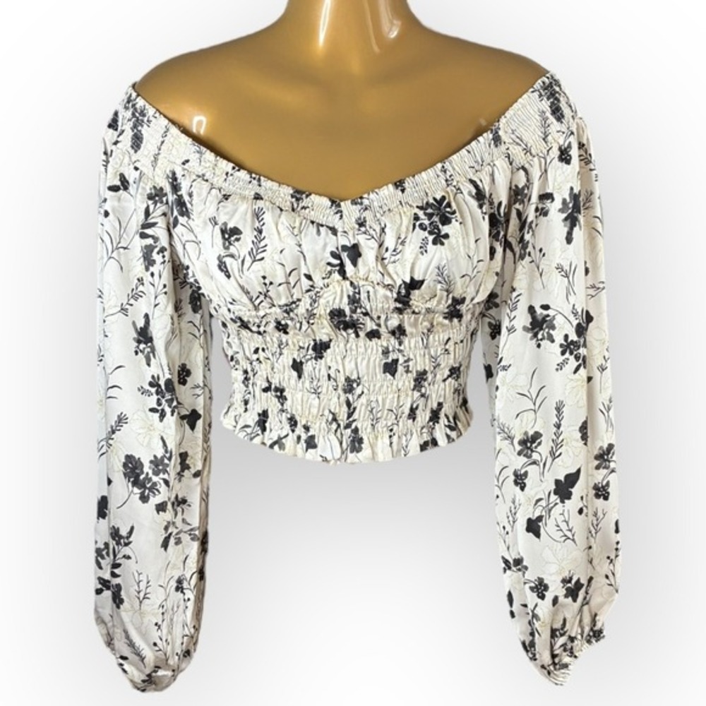 Floral‎ Smocked Off Shoulder Crop Top Balloon Sleeve Ruffle XS NWT En Saison